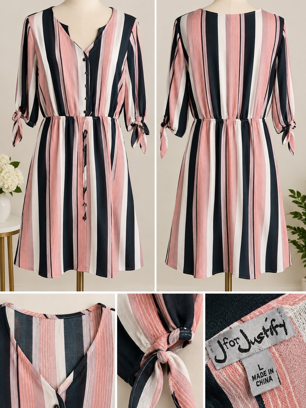 J for Justify Pink, Navy & White Striped Tie-Waist Midi Dress